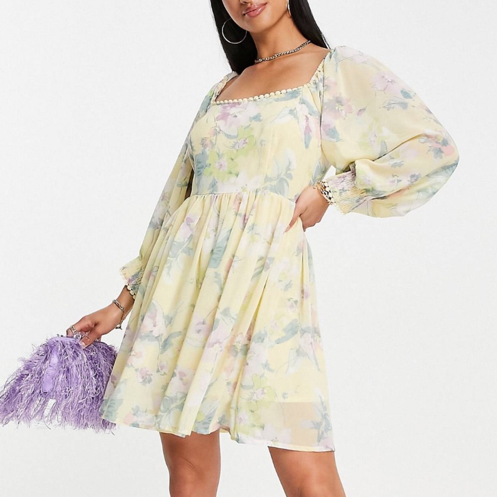 Missguided Petite Yellow Floral Chiffon Mini Dress